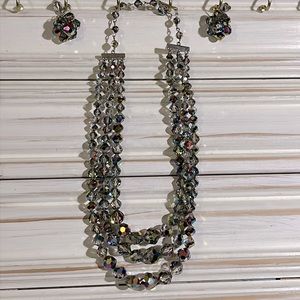 Laguna vintage crystal aurora borealis necklace clip earrings set